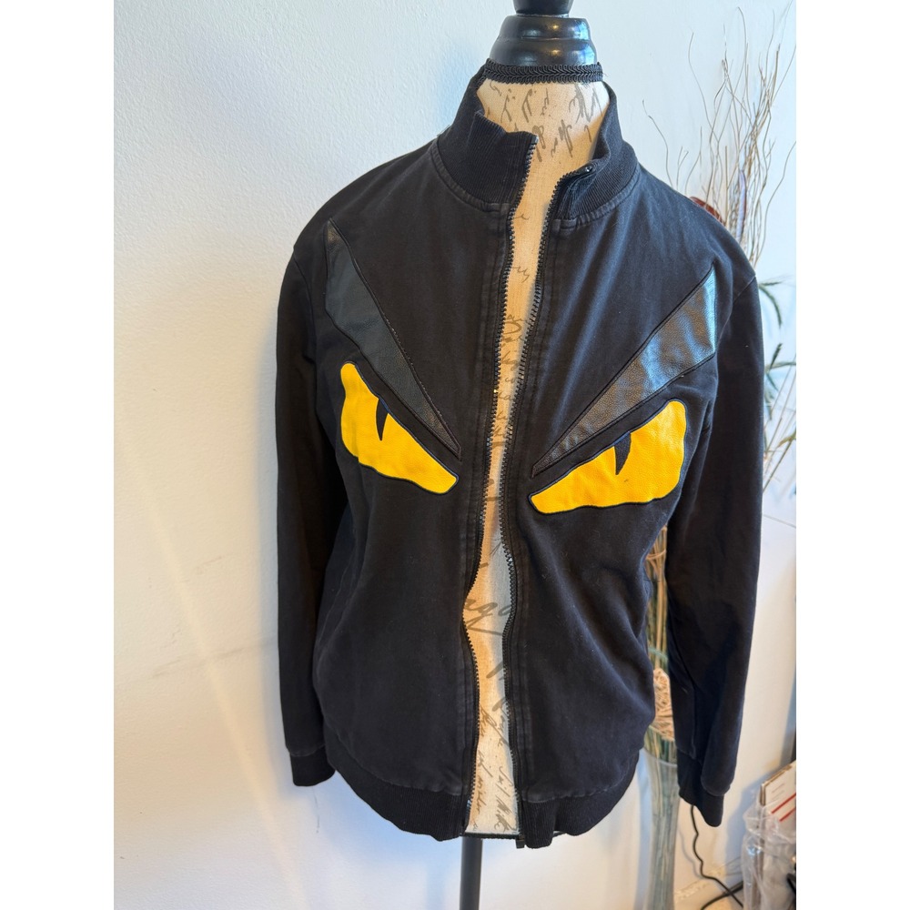 Fendi Bag Bugs Monster Eyes Black Cotton Cashmere Silk Zip Bomber Jacket L flaw